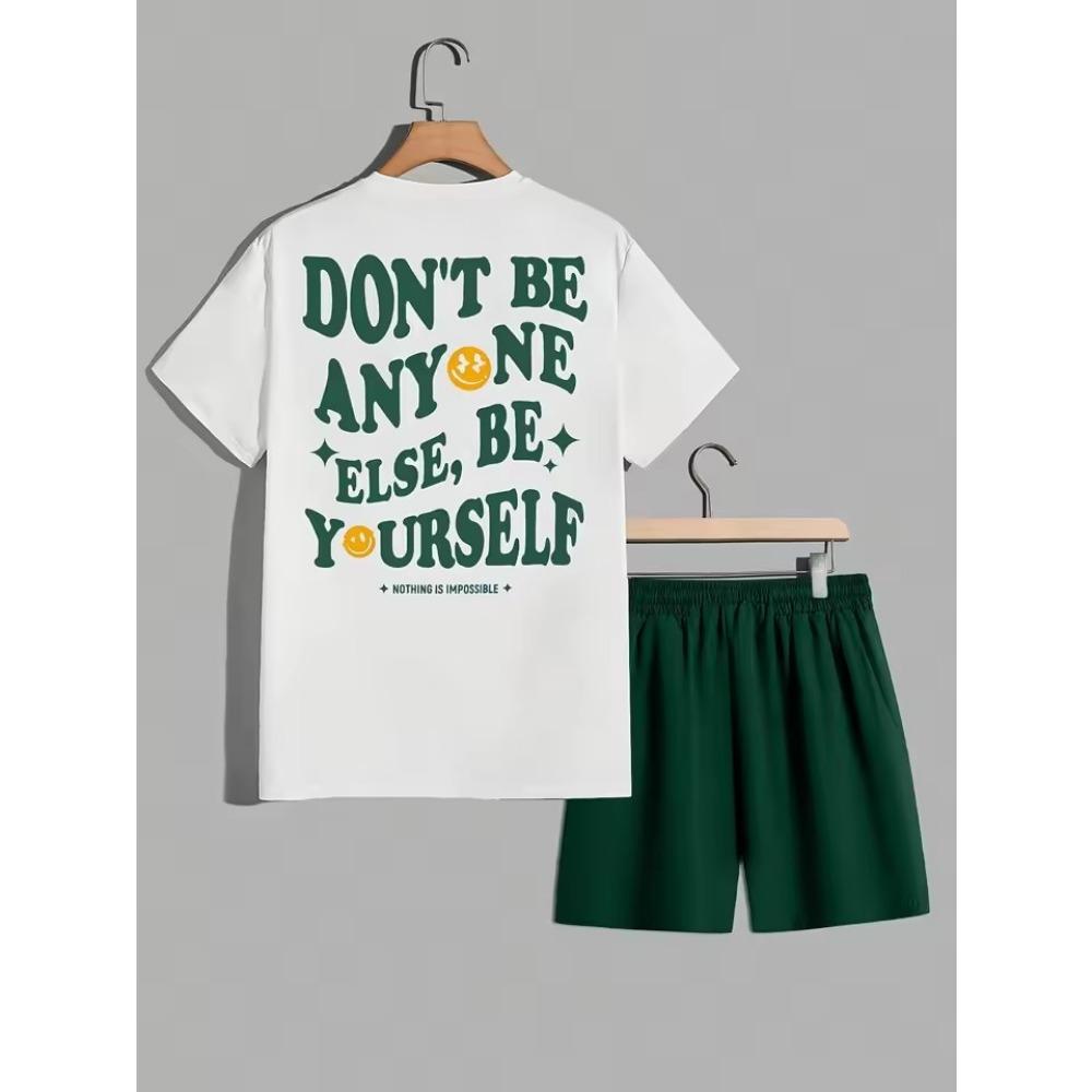 Men's New Summer Fashionable Breathable Round Neck Top Paired with Letter Pattern Drawstring Shorts Casual Sweat Wicking Set