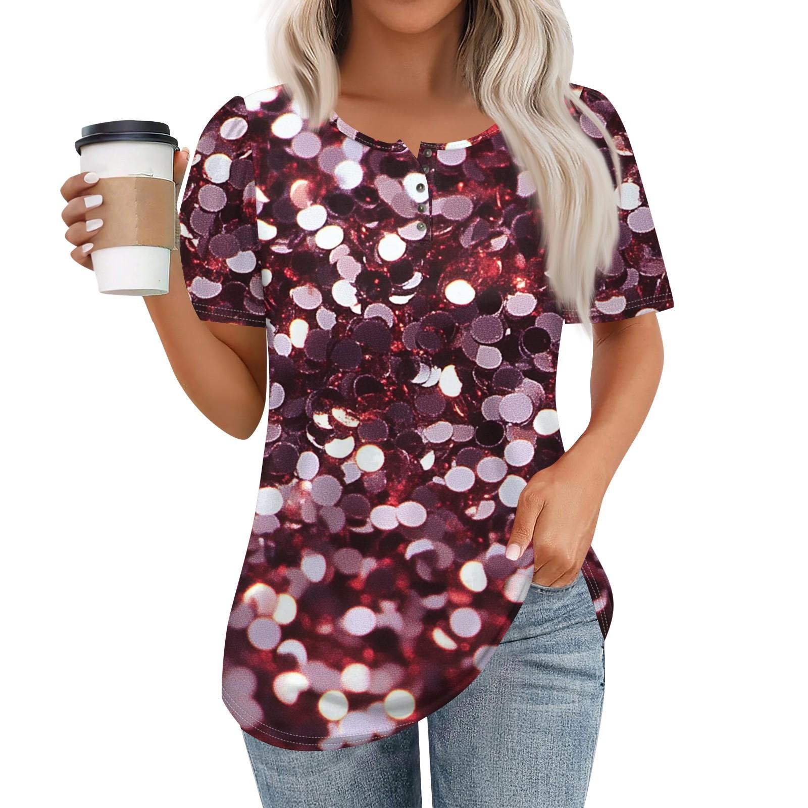 Women s Fashionable Casual Short Sleeve Button Print Round Neck Pullover Top S