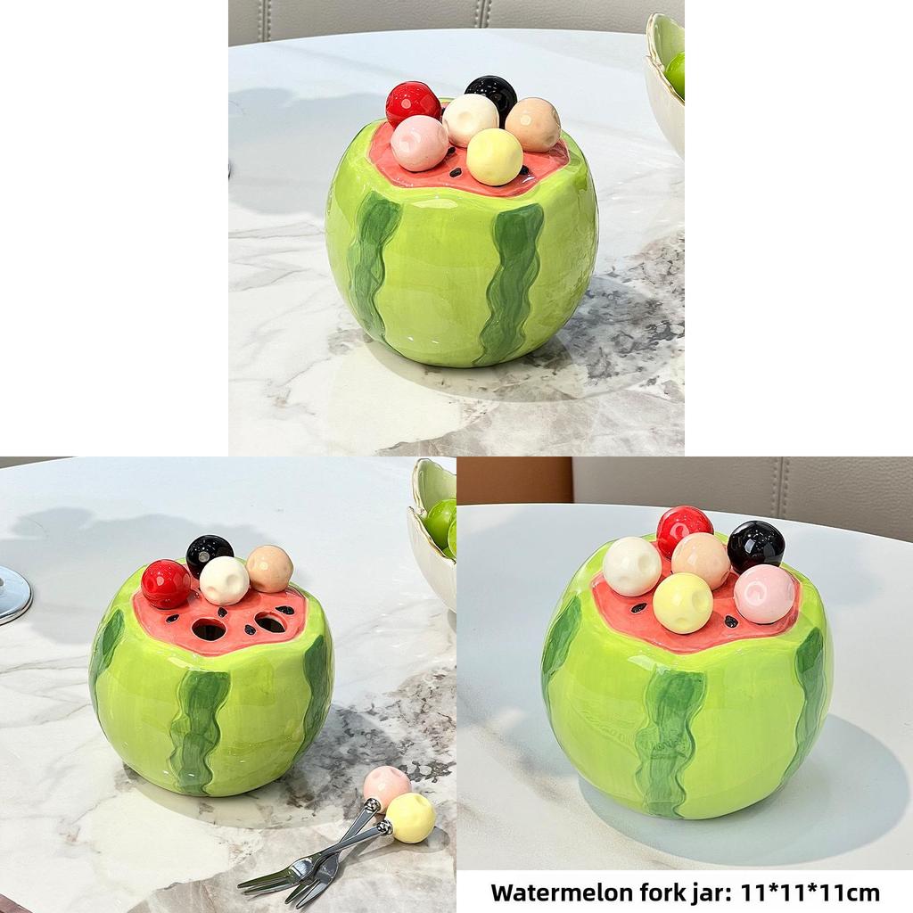 Watermelon Fruit Shape Storage Jar With Six Stainless Steel Forks For Kids Daily Use