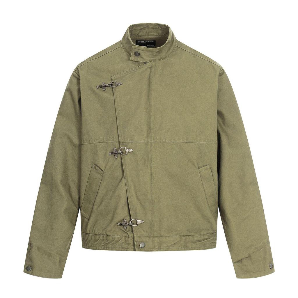 11KN Unisex Retro Distressed Workwear Jacket with Airplane Buckle and Wide Lapel