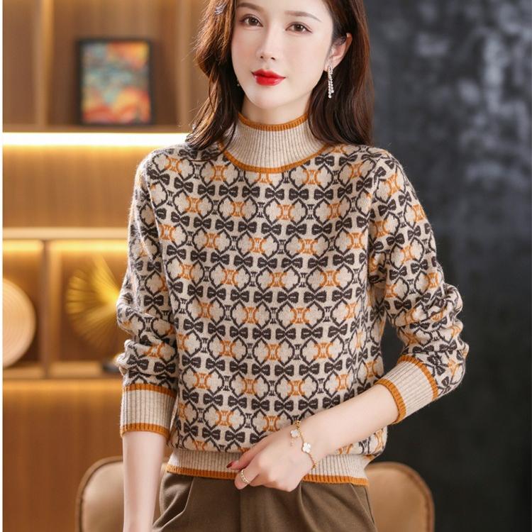 Half Turtleneck Color-blocking Sweater for Women In Autumn and Winter Jacquard Knitted Sweater Floral Casual Long-sleeved Pullover