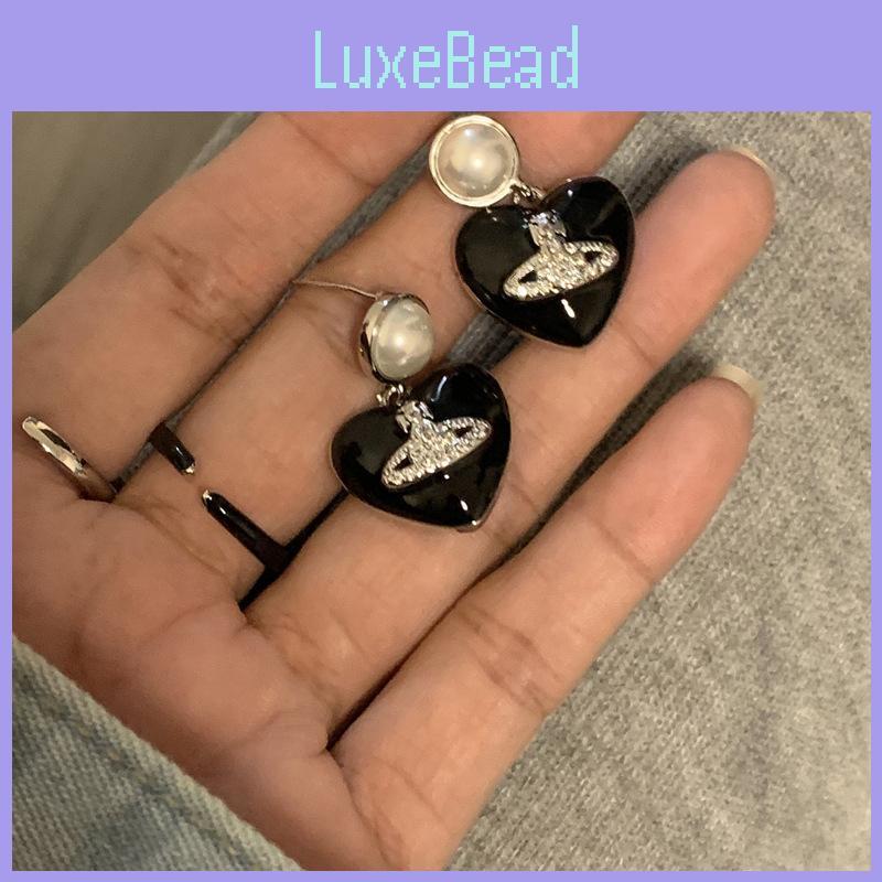 Black Heart-shaped Rhinestone Saturn Earrings Unique Design High-end Style