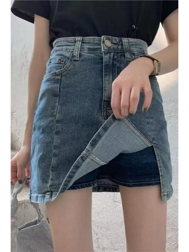 

Женская джинсовая мини-юбка больших размеров с высокой талией и разрезом - Ретро А-силуэт, Летний стиль, стройнящая 5XL синий