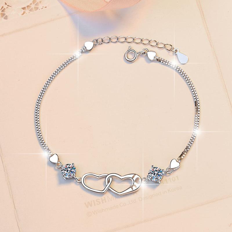 

Women s Romantic Heart-Shaped Double Loop Bracelet PT950 Platinum 1CT Moissanite Elegant High-End Gift Jewelry 16-17-18-19cm белый