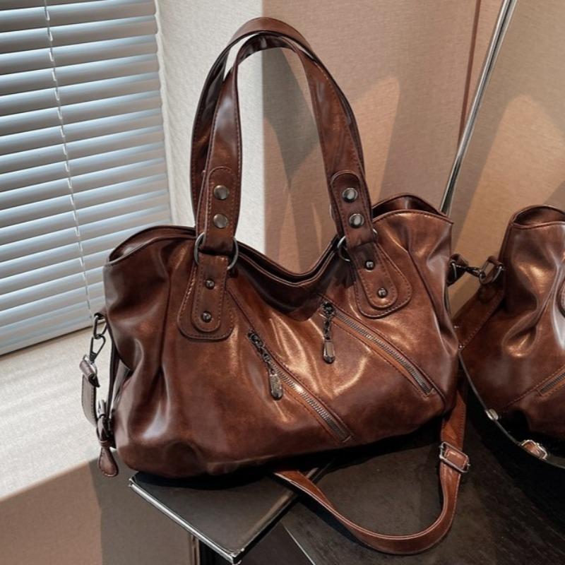 Retro Women's PU Leather Handbag Large Capacity Shoulder Bags Multi Zip Pocket Handbag for Daily Commute Work Shopping and Weekend Outings