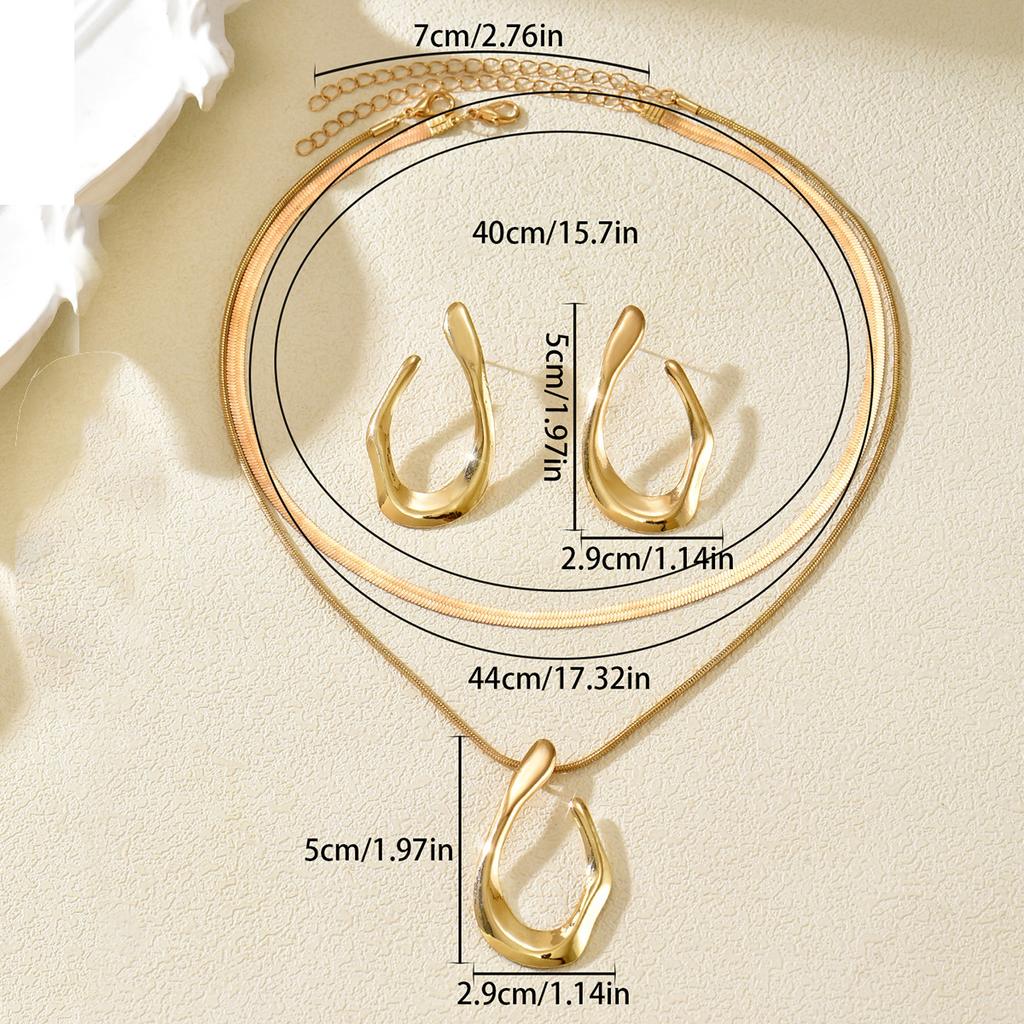 Trendy Gold Color Irregular Geometric Metal Jewelry Set Layered Snake Chain Necklace & Drop Earrings For Women Daily Party Wear