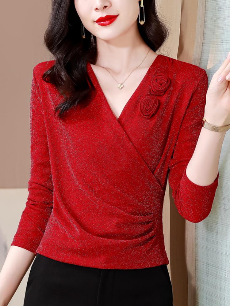 Women's Slim-Fit V-Neck Mesh Floral Blouse - Versatile, Stylish, Age-Defying