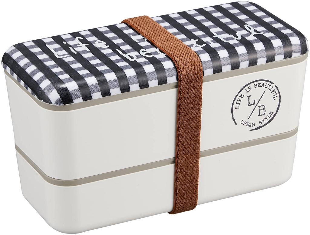 Showa Bento Long Rectangular Nesting Lunch Gingham Two Bottom Top Compact Made In Product Number 77073 Box, Box, Check, Black, Tiers, 280ml, 450ml,