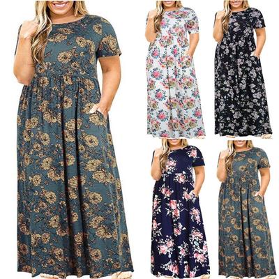 Plus Size Vrouwen Casual O-hals Zomer Korte Mouw Print Losse Zak Lange Jurk