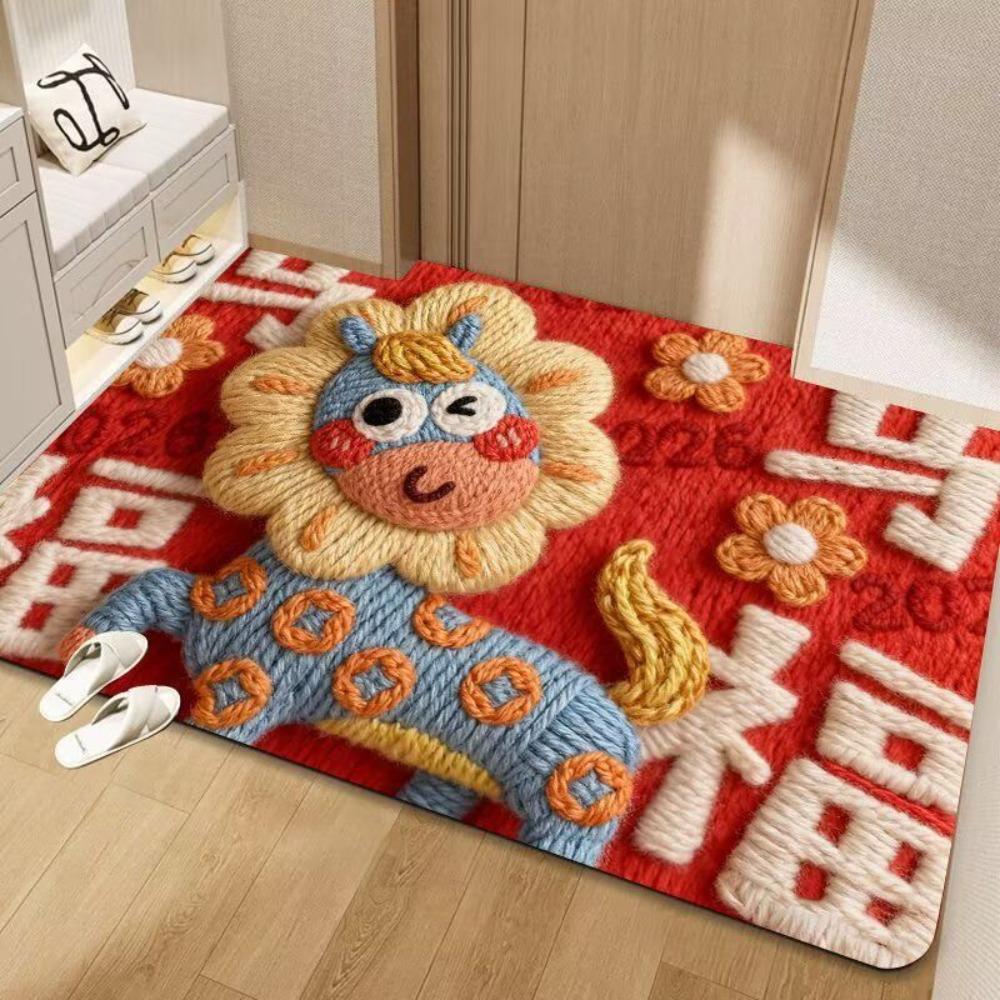 Cute Horse Pattern New Year Door Mat Festive Red Non-slip Door Carpet Water Absorption Foot Mat Home Decorations