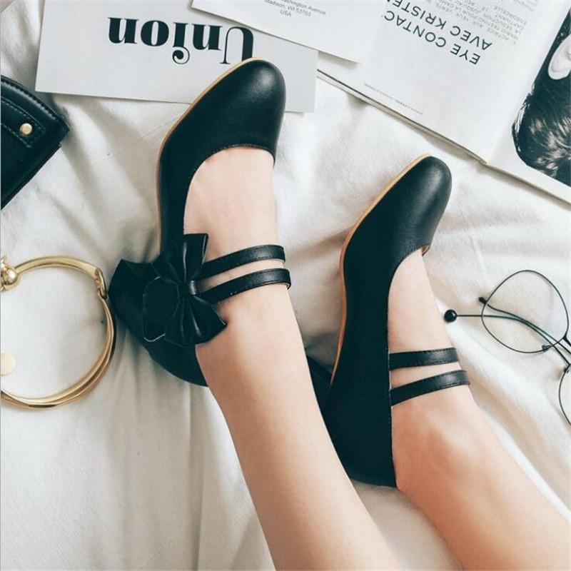 Girls Leather Shoes Lolita Shoes Mary Jane Pumps For Women High Heels Pink Bow-knot Block Heels Shoes Wedding Bride Pumps 31-43