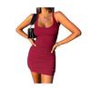 Women Mini Dress Pleated Sleeveless Sheath Dress Slim Fit Square Neck Thread Pure Color Elastic Vest Dress for Club Beach Parties
