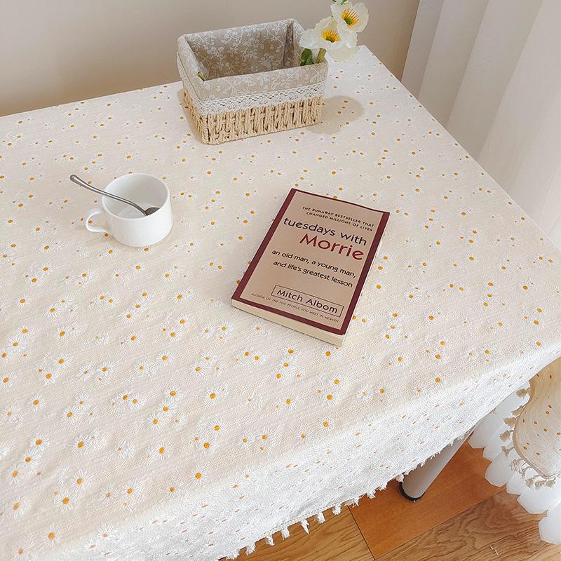 Korean Style Small Daisy Cotton Floral Tablecloth,Tea Table Decoration,Rectangle Table Cover For Kitchen Wedding Dining Room