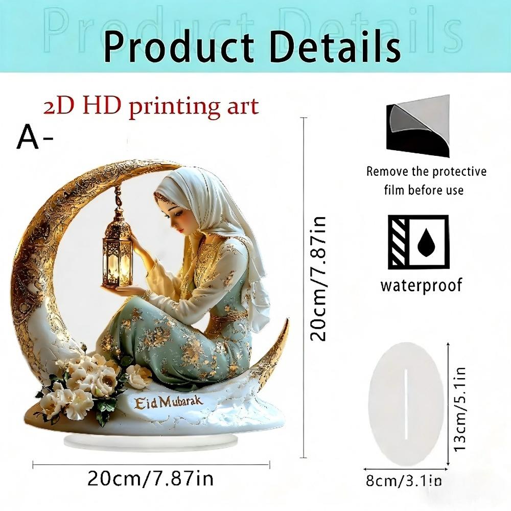Flat Acrylic Exquisite Decor, White & Gold Moon Boat with Flowers & Lantern, Light Luxury Ornament for Office Bookshelf, Modern Art Gift for Festivals