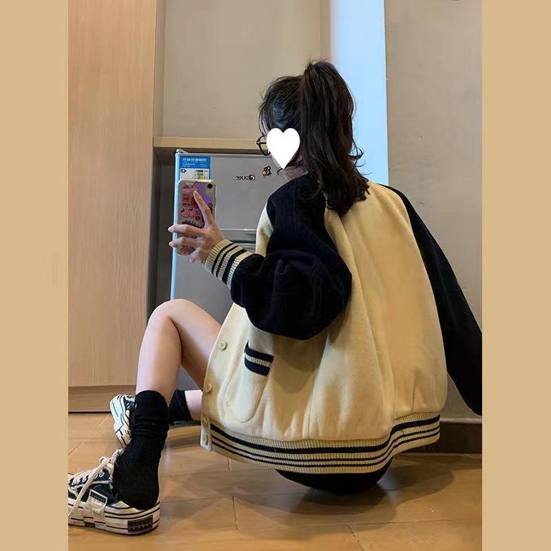 Women's Retro Baseball Jacket, Korean Style, Loose Fit, Long Sleeve, Autumn/Winter 2025.