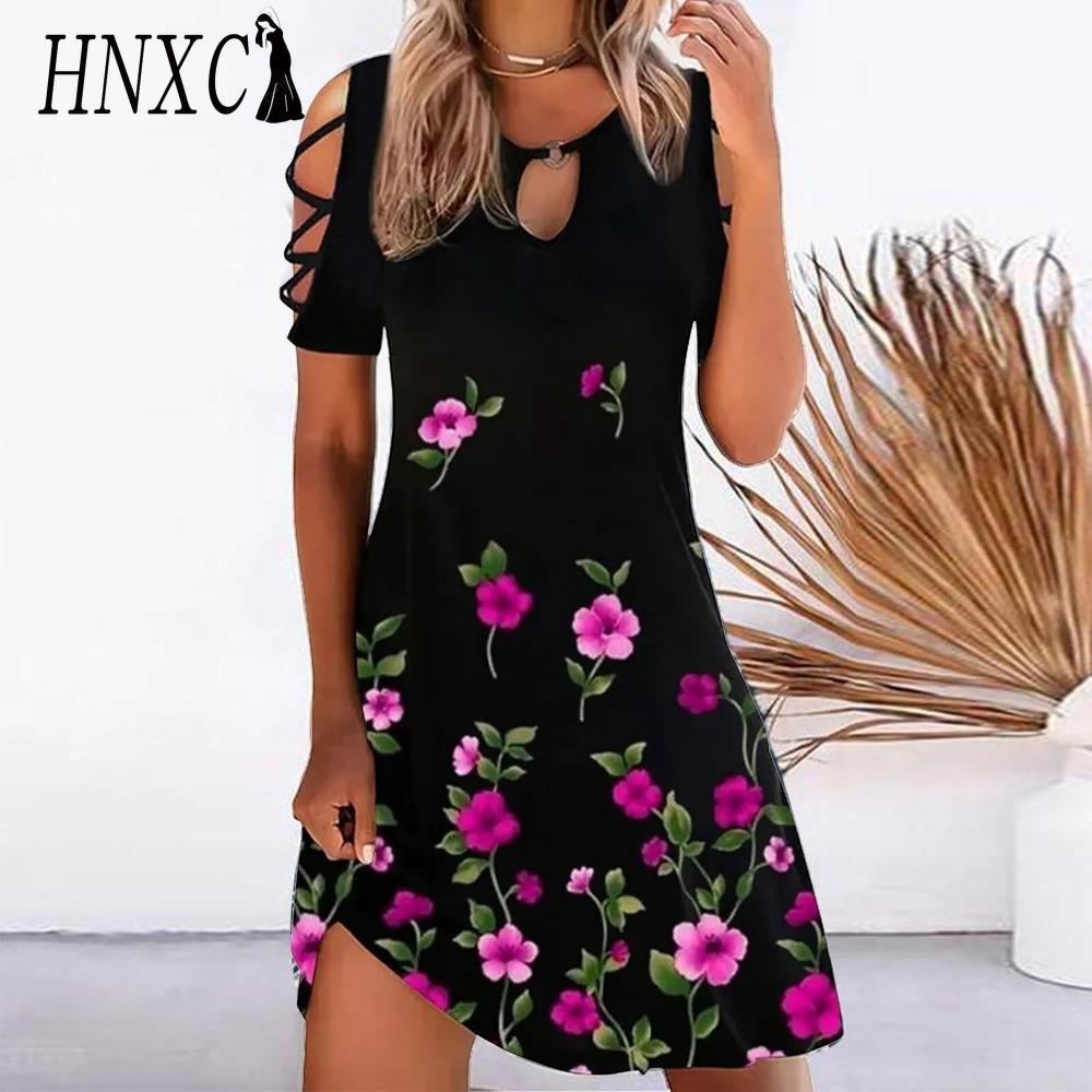 HNXC 13 Color Women Floral Print Dress Summer Sexy Short Sleeve O-Neck Mini Dresses Female Vintage Elegant Dress