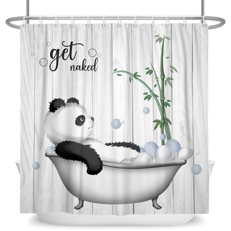 Funny Panda Shower Curtain Cute Pattern Waterproof Polyester Shower Curtain Baby Room Decor Bathtub Curtain Textured With Hooks