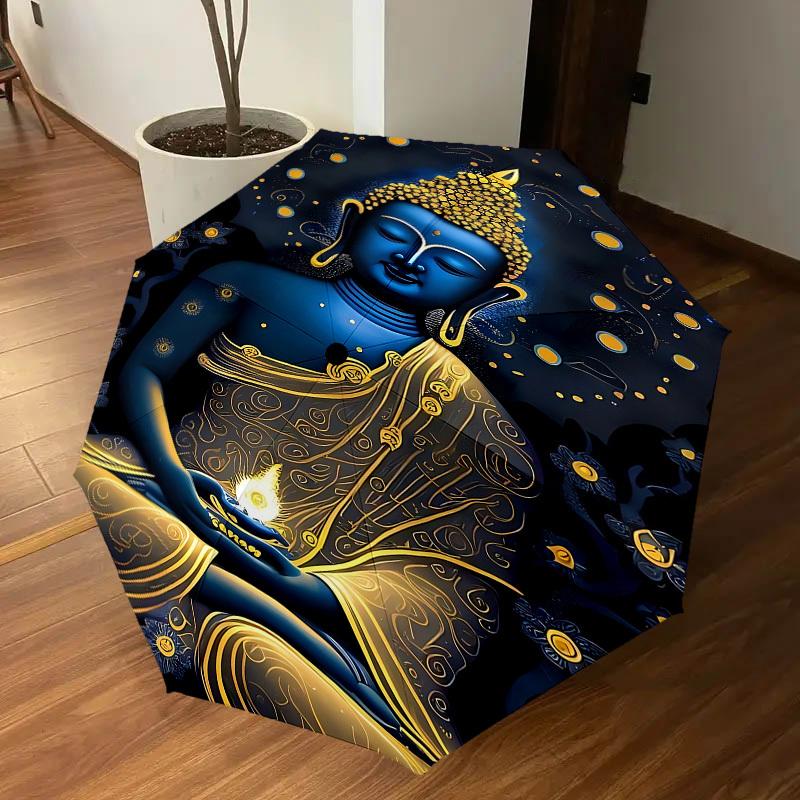 1PC Buddha Lotus Automatic Open/Close Umbrella with Windproof, 8-Rib Sturdy Canopy, Durable Ribs, Fashionable Design, Outdoor Accessory, Fun Prin, Hol
