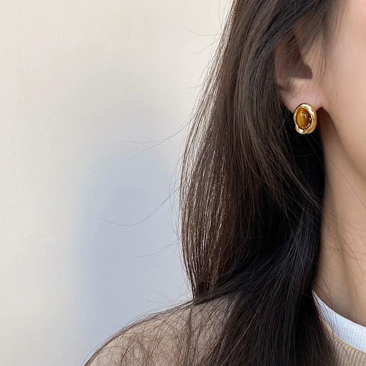 Brown Oval Resin Bead Stud Earrings for Women Golden Metal Square Frame Earrings Vintage Trendy Jewelry Gift