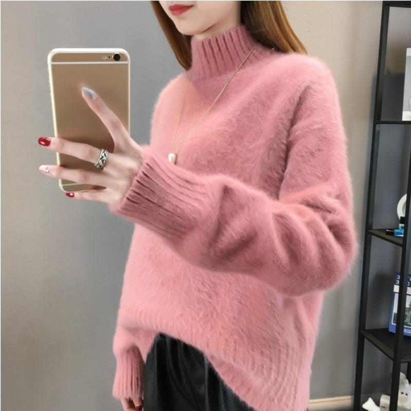 2024 Autumn Thick Velvet Warm Pullover Sweater Women Winter Clothing Fashion Loose Outerwear Half High Neck Knitted Sweaters Ladies Tops 25143