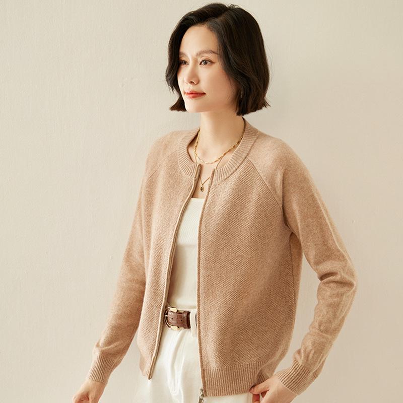 Women's Cashmere Zip Cardigan: Autumn/Winter 2025, Solid Color, Korean Style, Loose Fit, Slimming Round Neck
