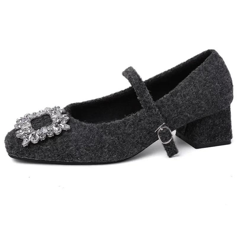 Women's Comfortable Fleece Lined Chunky Heel Single Shoes Fashionable Warm Winter Mary Janes Evening Shoes Rubber Sole Retro Sty