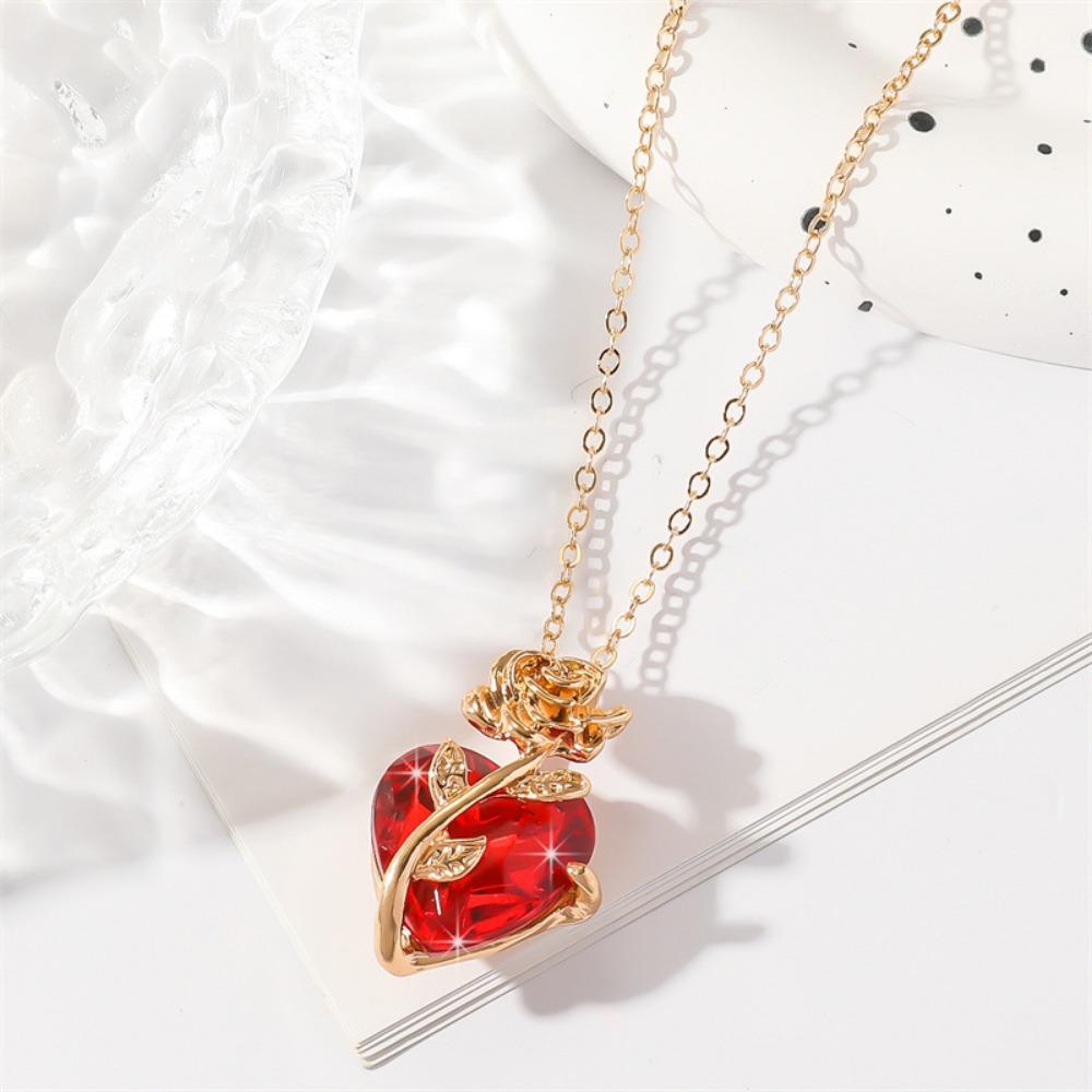 

Cute Rose Decor Red Heart Shaped Pendant Necklace, Christmas Holiday Gift Birthday Gift For Teen Girls