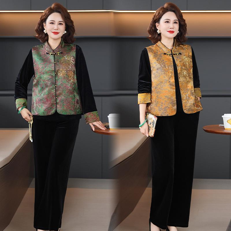 Elegantes dreiteiliges Set mit goldenem Samt-Weste für Frauen mittleren Alters & ältere Frauen - Stilvoller chinesischer Anzug für Frühling/Herbst