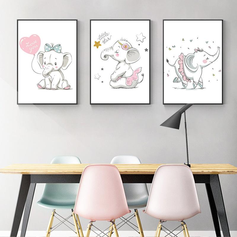 Cartoon Animal Canvas Painting Elephant Rabbit Balloon Children's Room Decorative Painting Creative Art Hanging Painting