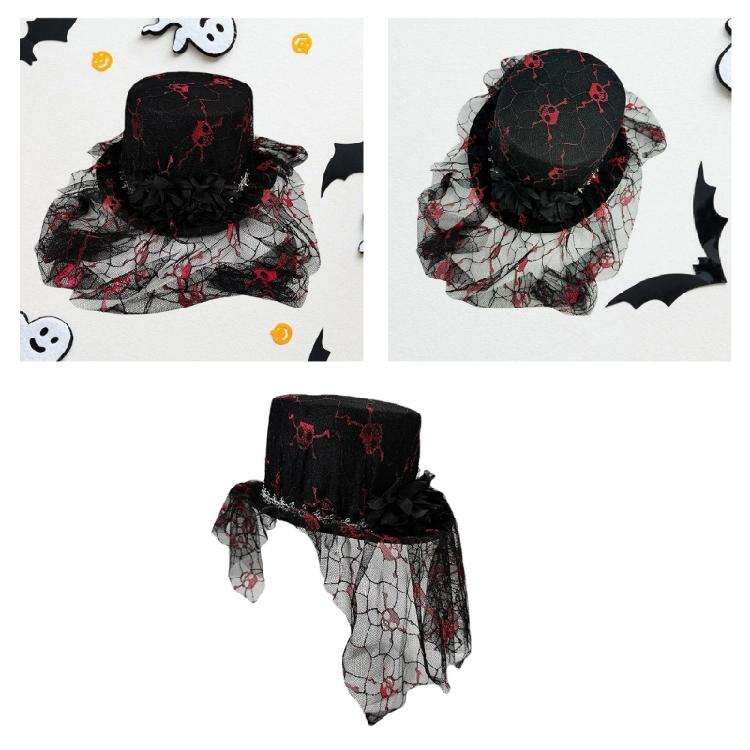 Wide Border Witch Hat Flower Decorative Hat Skull Pattern Hat Vintages Look Hat for Dress Up Event