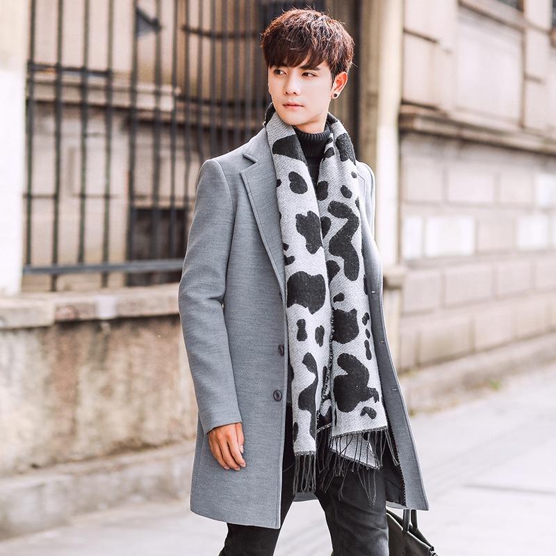 Men S Korean Style Slim Fit Solid Stand Collar Single Breasted Casual Woolen Overcoat