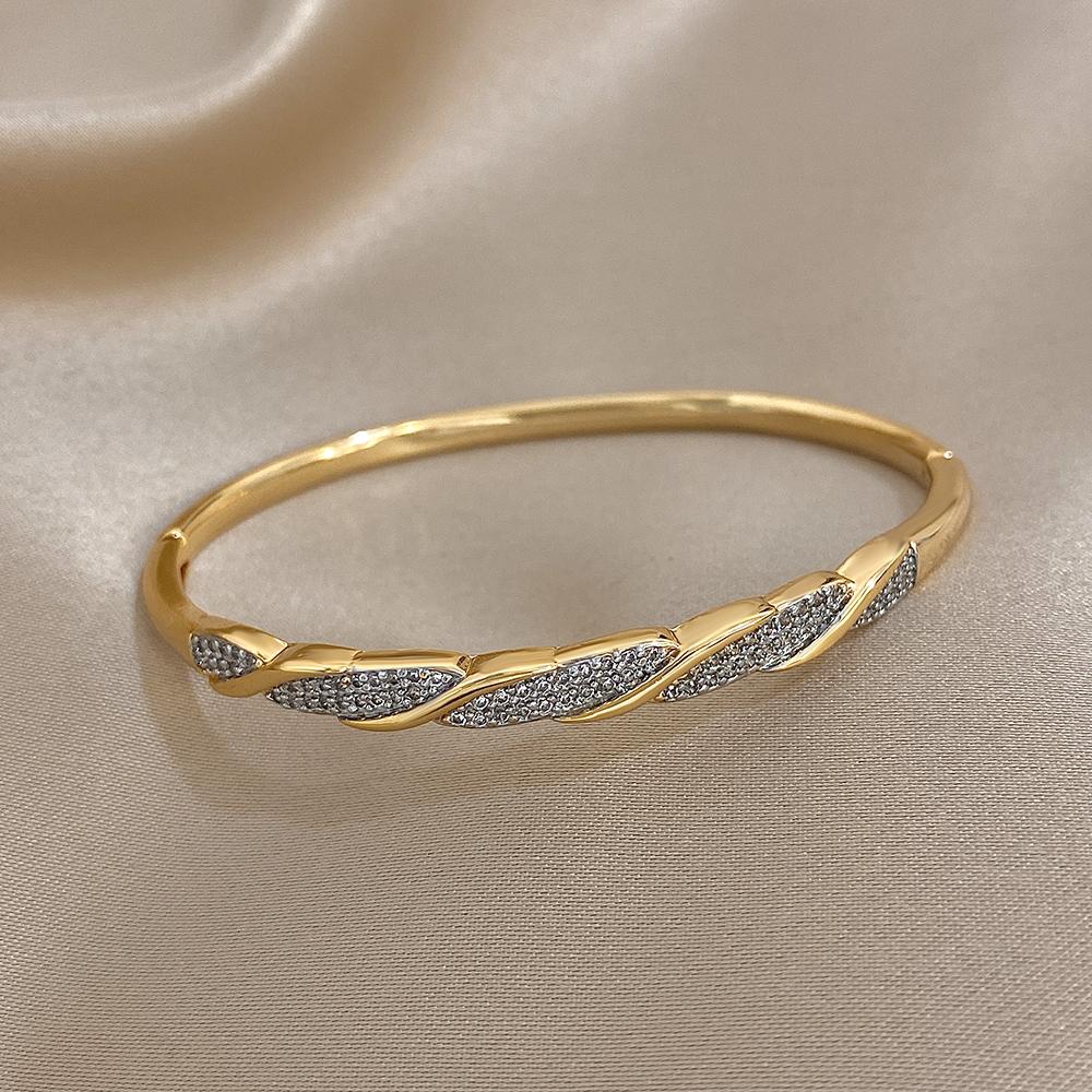 Freetry Glossy Golden Plated Round Bangle Bracelet for Women Fashion Cross Inlaid Zircon Open Spring Bangle Female Jewelry Gift
