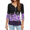 Women's Fashionable Casual Retro Floral Print V,Neck Button,Down Three,Quarter Sleeve T,Shirt Top