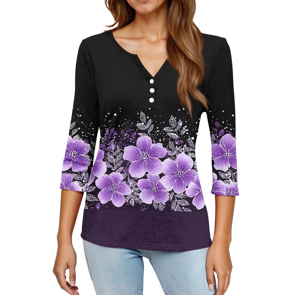 Women's Fashionable Casual Retro Floral Print V,Neck Button,Down Three,Quarter Sleeve T,Shirt Top