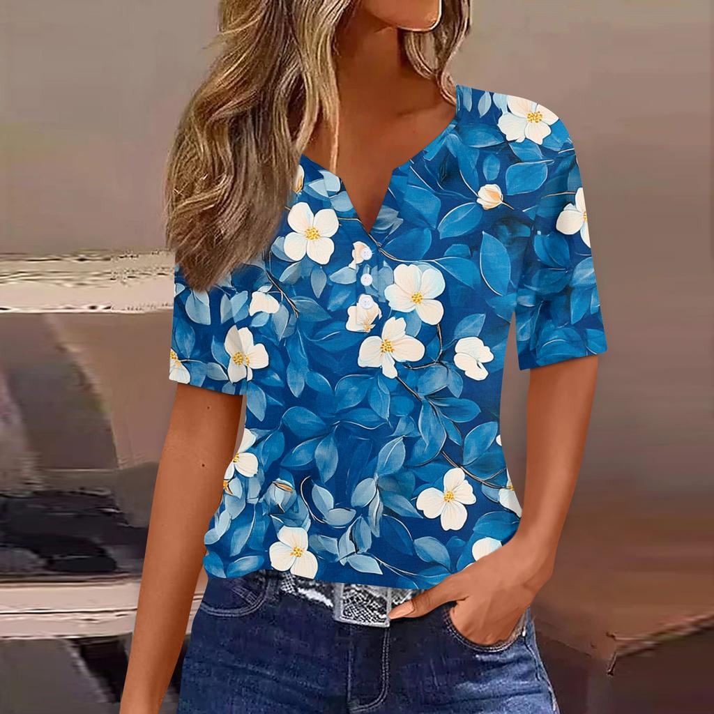 Damen T-Shirt mit Aufdruck und Knopfleiste, kurzärmelig, für den Alltag, Wochenende, modisch, Basic, V-Ausschnitt, normales Oberteil