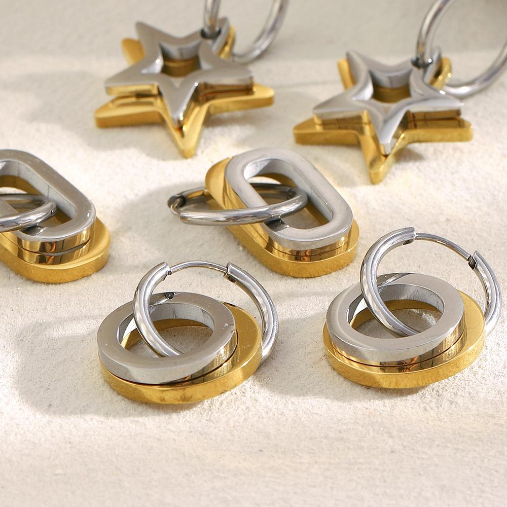MamacitaSlay 316L Stainless Steel Two Tone Star Oval Round Hoop Earrings Party Waterproof Jewelry Women's Unique Cool Earrings