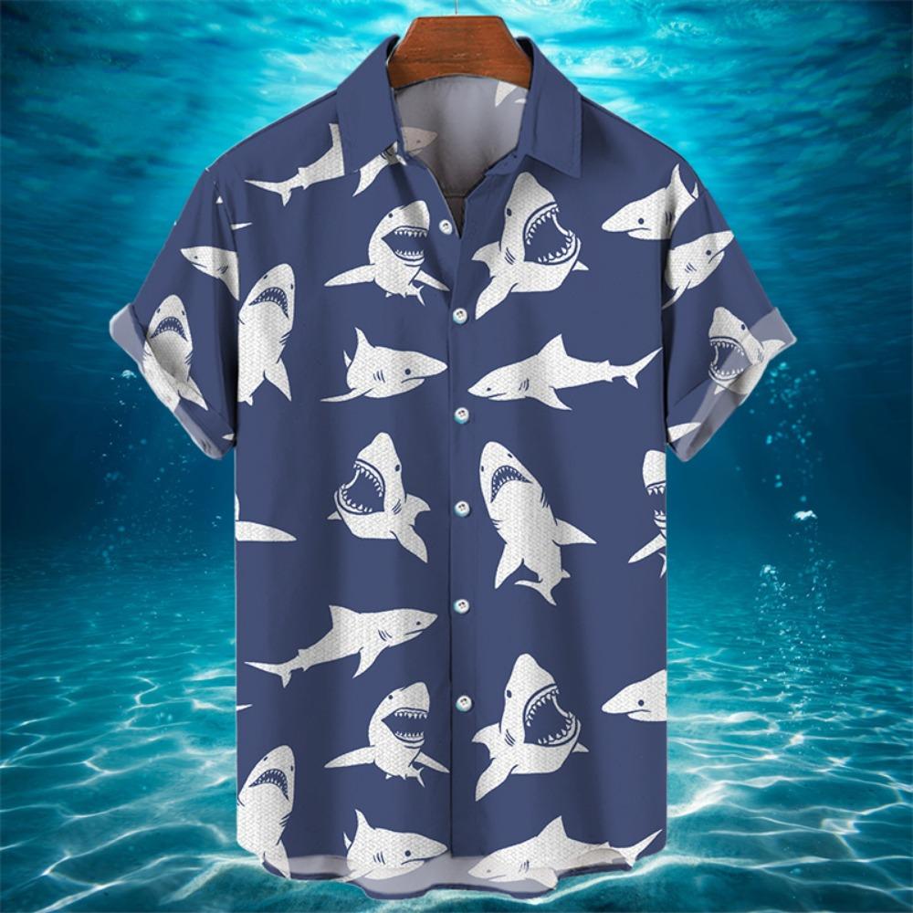 3D Animal Shark Print Hawaiian Shirt Men's Summer Casual Shirt Fashion Short Sleeved Sea World Loose Street Blouse Clothes