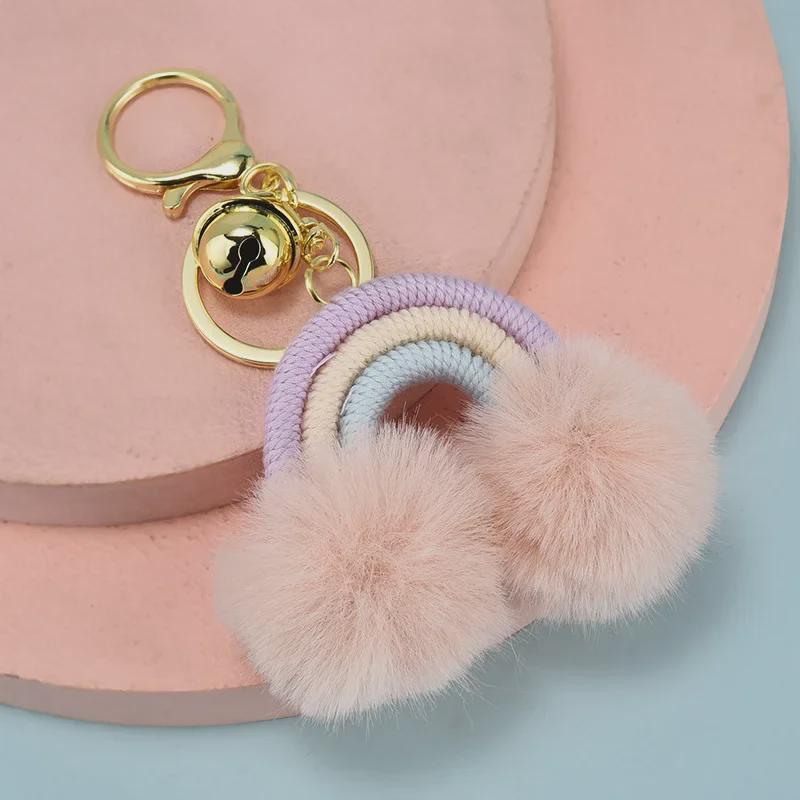 Bohemian Rainbow Fur Ball Keychain with Hand-Woven Cotton Rope and Faux Rabbit Fur Pendant