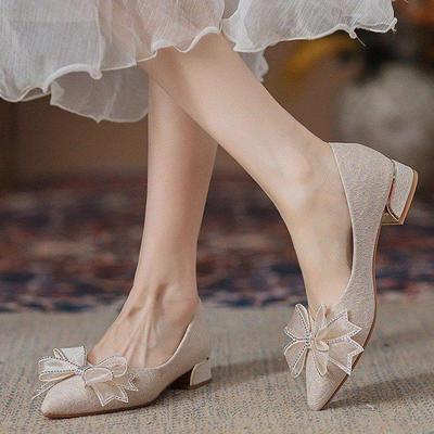 French Light Luxury Bridesmaid Shoes Xiuhe Wedding Dress Two Wear Bridal Shoes Pregnant Women Can Wear Daily Pointed Bow Single Shoes Women