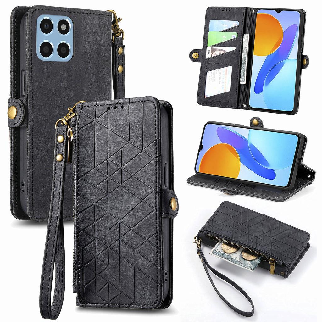 Case For Honor X7c 4G/200 Smart 5G/Play 60 Plus 5G Zipper Wallet Geometry Lines Leather Phone Cover