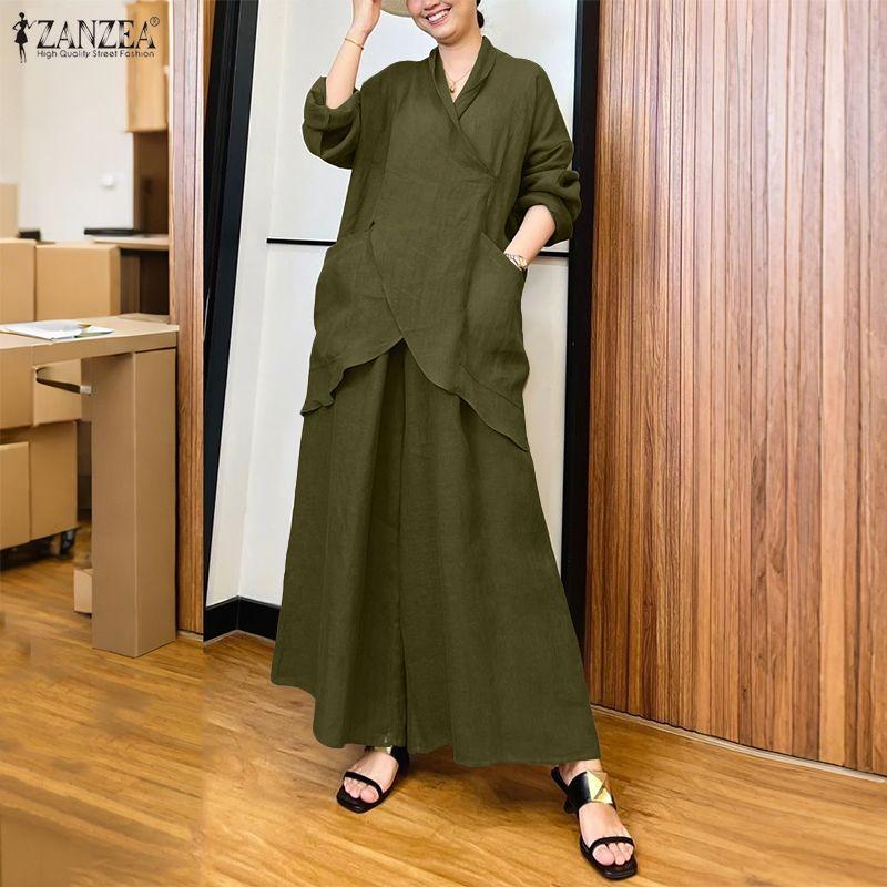 ZANZEA Dámská halenka s dlouhým rukávem a kalhoty se širokými nohavicemi, ležérní dvoudílné soupravy