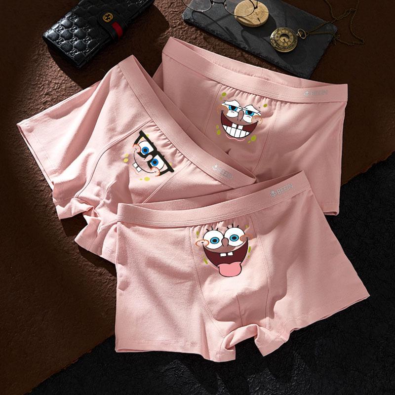 Men's SpongeBob Pure Cotton Cartoon Boxers - Cute Pink Gift for Boyfriend