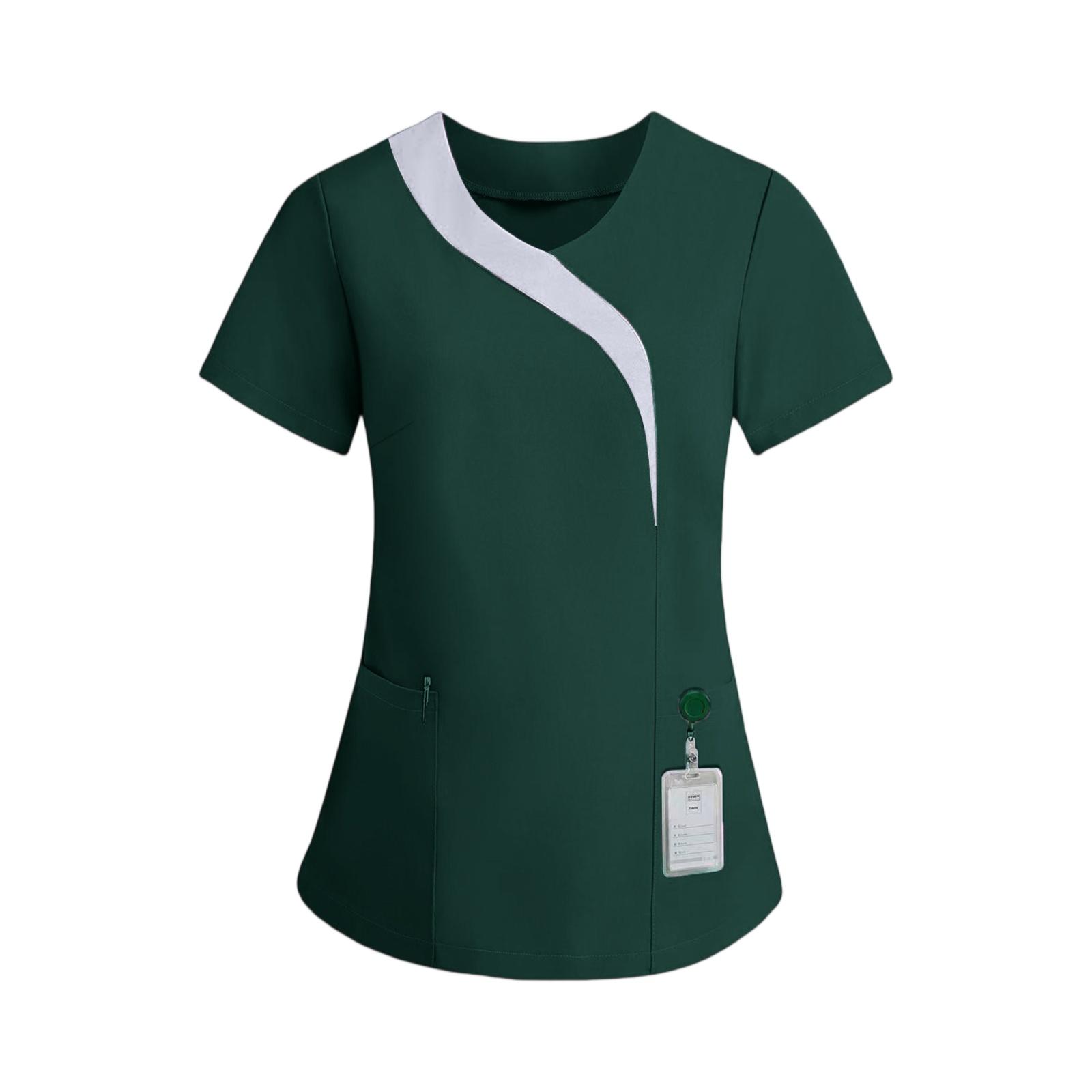 

Women s Color-blocked Short-sleeved Pocket V-neck Caregiver Uniform Top S