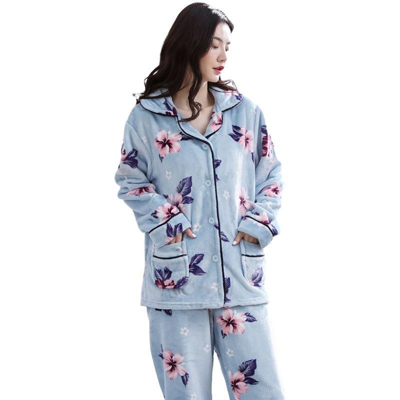 Women's Long Sleeve Coral Fleece Pajamas - Thick, Warm Flannel for Autumn and Winter
