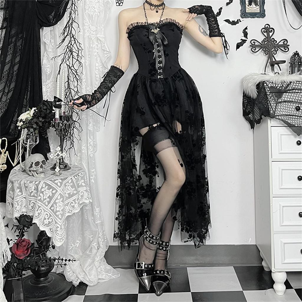 Sivrusn Gothic Lolita Cosplay Sweet Ladylike Hip Korean Stage Harajuku Size M Dress, Black, A-Line, Knee-Length, Lolita, Lolita, Princess, Dress, Hop,