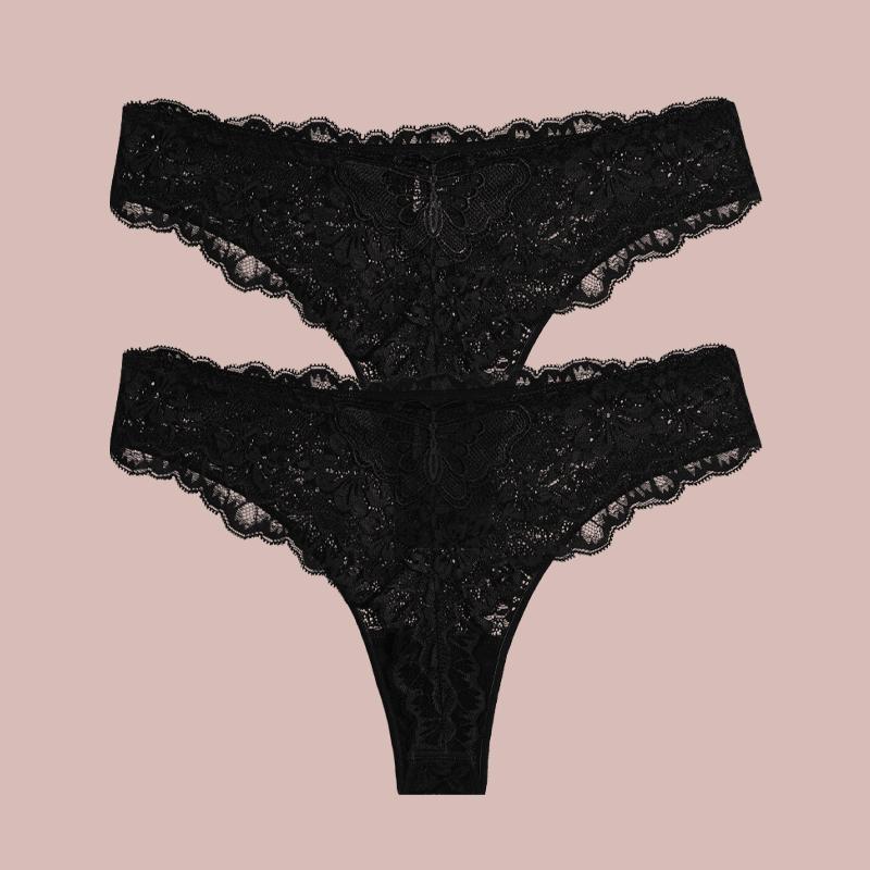 2Pcs Lace Butterfly Print Women's Underwear Sexy Hollow Out Thongs Trendy Breathable Panties Lady Perspective G-String Lingerie