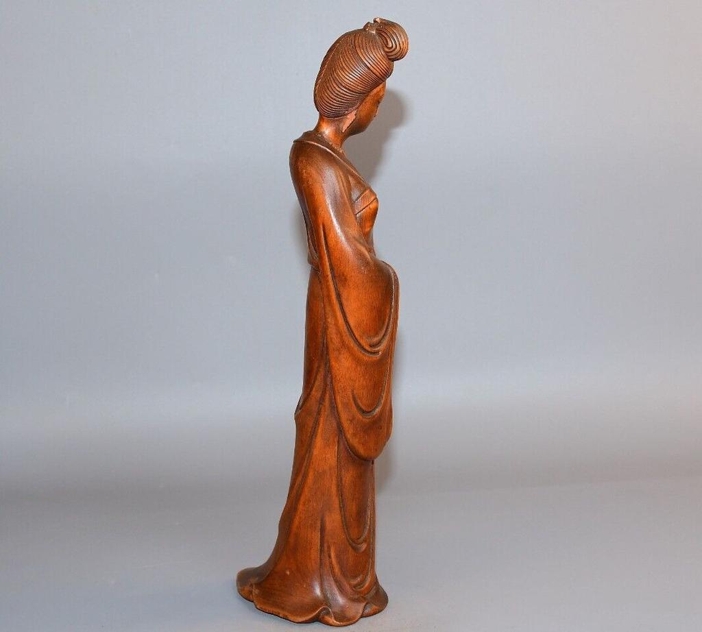 Chinese Antique Boxwood Carved Beautiful Woman Statue Sculpture Home Decor Art