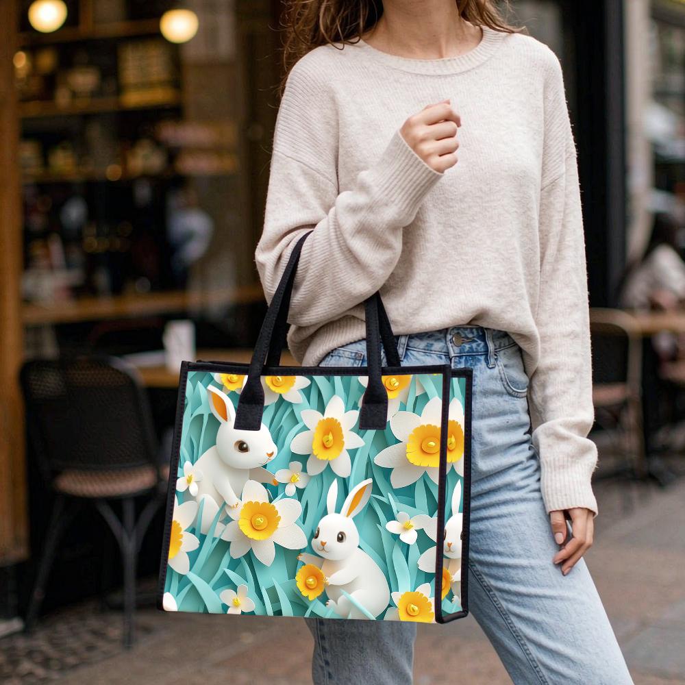 Cute Rabbit Floral Print Casual Tote Bag for Daily Outdoor Shopping Use