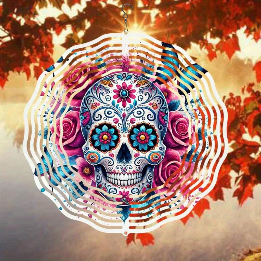 Metal Wind Chime with Rose Skull Butterfly Design for Indoor Outdoor Garden Decor Christmas Thanksgiving Holiday Hanging Ornament