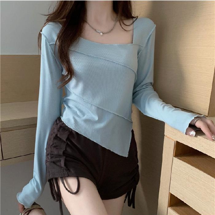 6880# Slim-Fit Spicy Girl Irregular Top - Square Neck Long Sleeve T-shirt for Autumn/Winter